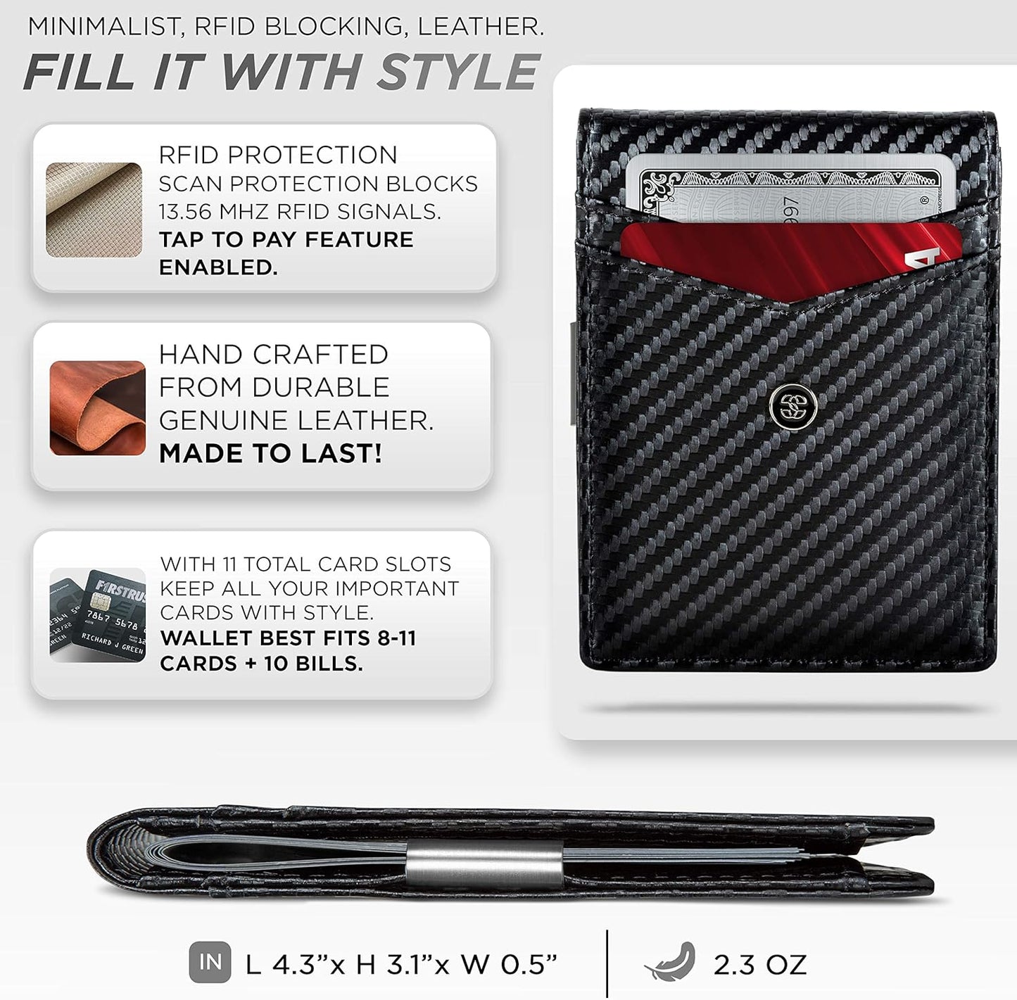 Slim Wallets for Men. Minimalist Bifold Wallet with Money Clip & ID Window. RFID Blocking Credit Card Holder Front Pocket Wallet, Gifts for Men - Husband Father on Birthday Anniversary.