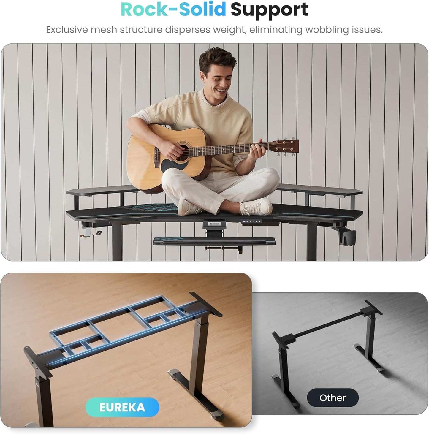 Gaming Desk, Standing Desk Keyboard Tray, 72" Wing Shaped Music Studio Desk Electric Adjustable Height Desk Sit Stand Desk with LED Shelves, Gaming Recording Live Stream, Slot Design