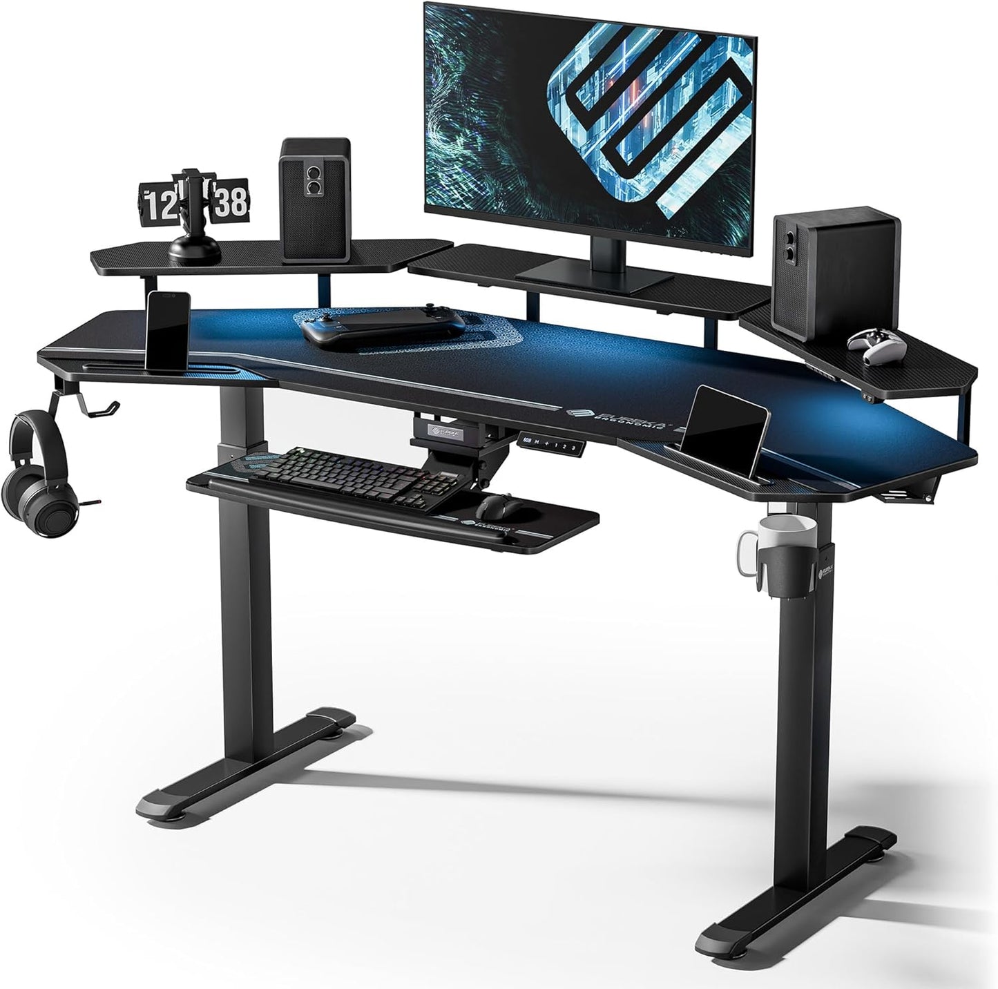 Gaming Desk, Standing Desk Keyboard Tray, 72" Wing Shaped Music Studio Desk Electric Adjustable Height Desk Sit Stand Desk with LED Shelves, Gaming Recording Live Stream, Slot Design